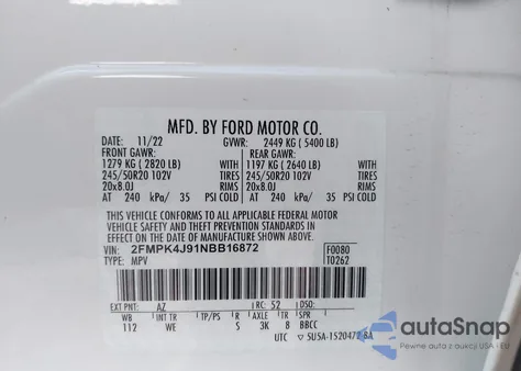 2022 Ford Edge St-Line z USA, uszkodzony, nr VIN 2FMPK4J91NBB16872